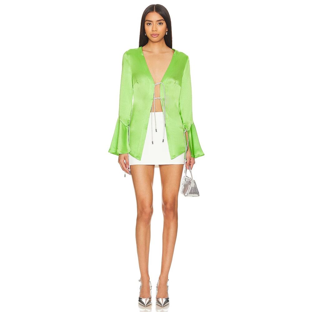Retrofete Svea Blouse Satin Tie Front Bell Sleeve Statement Party Neon Retro L